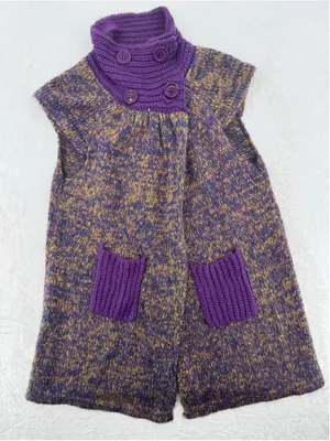 Vintage Sleeveless Wool Blend Sweater Cardigan Purple Funnel Neck Hand Knit Sz L thumbnail 1