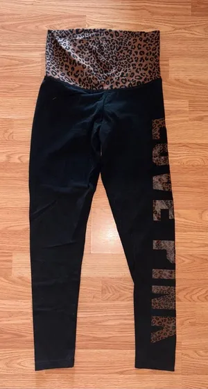 PINK Victoria's Secret Black Leggings with Leopard Fold-Over Waistband and Logo thumbnail 1