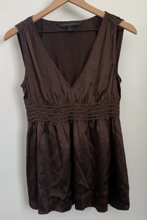 Express‎ Y2K Small Silk Blouse Peplum Babydoll Office Goblin Cinch Waist Brown thumbnail 1