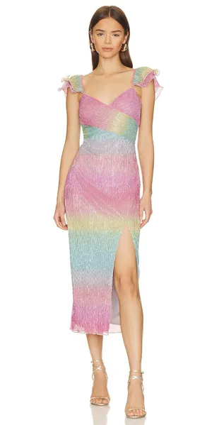 Saylor Myrah Metallic Rainbow Ombré Flutter Sleeve Midi Cocktail Dress thumbnail 1