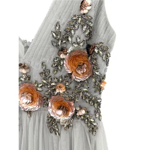 BHLDN Isabel Gray Embellished Tulle Maxi Dress 2 3D Floral Sequin Gown Wedding thumbnail 5