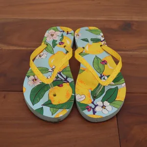 Vera Bradley Lemon Floral Ladybug Flip Flops Yellow Blue Women Size 8 thumbnail 3