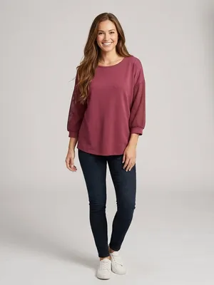 LIVE WELL Lifestyle Mesh Sleeve Sweatshirt Pullover Top Burgundy Wine Size L thumbnail 7