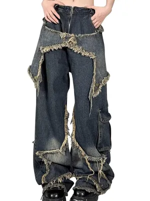 Women’s Streetwear Y2K Blue Denim Jeans Star Design Baggy Wide Leg Size 28 NEW thumbnail 13