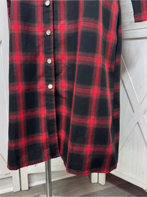 L&S‎ Plaid Snap Front Midi Duster Shirt Dress Shacket Red Black XL Western Boho thumbnail 6
