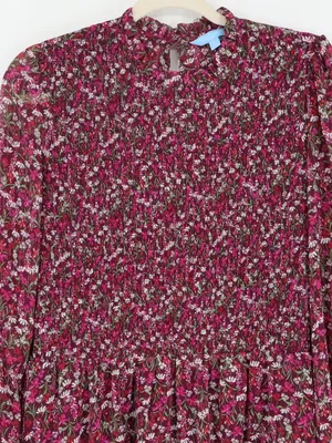 Draper James RSVP Smocked Floral Dress L Burgundy Metallic Long Sleeve Cottageco thumbnail 3