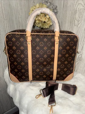 Dark Brown Monogram Laptop Briefcase with Tan Trim thumbnail 3