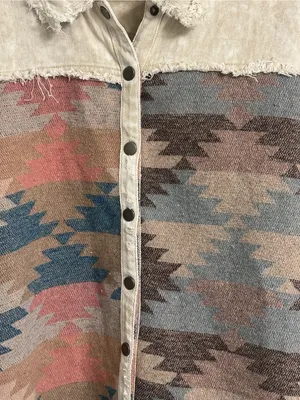 Southwestern Pattern Button-Up Shirt Jacket in Cream, Blue & Brown thumbnail 2