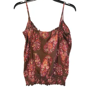 6‎ Degrees Cami Top Brown Boho Paisley Floral Smocked Hem Womens Size L thumbnail 2