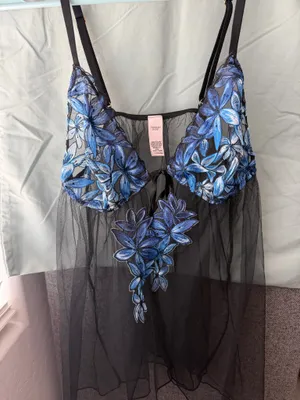 Victoria's Secret Black & Blue Floral Sheer Babydoll Lingerie thumbnail 2