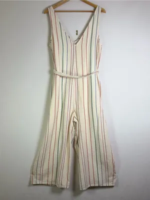 American Eagle Women’s Sz M Striped Cotton Linen Wide Leg Jumpsuit Boho Coastal thumbnail 6