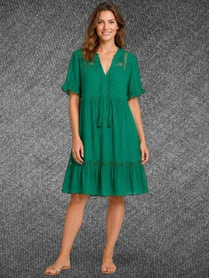 Indigo Rose Women’s M Green Boho Lace Trim Tassel Tiered Midi Dress thumbnail 3