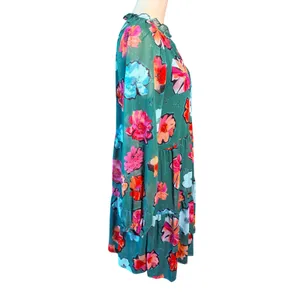 Lark + Grey Womens L Green Floral Ruffle Tie Neck Long Sleeve Tiered Midi Dress thumbnail 3