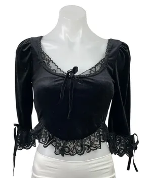 Dolls Kill Widow Black Velvet Velour Lace Sheer 3/4 Sleeve Crop Blouse Top XXS thumbnail 1