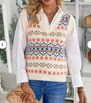 Women's Sleeveless Sweater Vest Plaid Geo Chunky Cable Knit Sweater Crop thumbnail 2