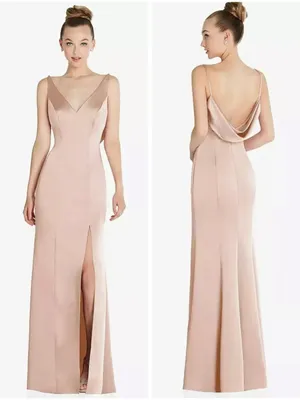 Dessy After Six Draped COWL-BACK Princess Line Dress FRONT SLIT in Cameo Size 4 thumbnail 2