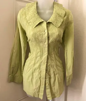Unique green cottagecore long sleeve button up down shirt blouse ruffled exaggerated peter pan collar thumbnail 1