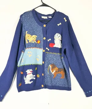 VTG Blair Dog Motif Embroidered Cardigan Sweater Women L Navy Grandma Core Retro thumbnail 1