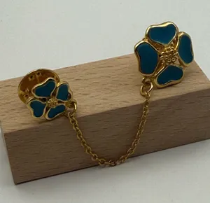 Vintage Blue/Green Enamel Flower Double Lapel Pin Gold Tone Chain Collar Brooch thumbnail 1