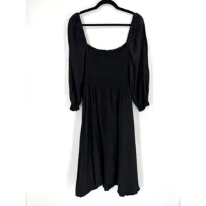 New‎ Look Curves Midi Dress Womens 14 Black Smocked Linen Blend Cottagecore Boho thumbnail 6
