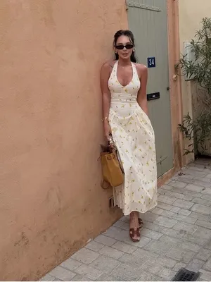 ZARA Lemon Print Halter Midi Dress Cream Yellow NWT Size M thumbnail 15