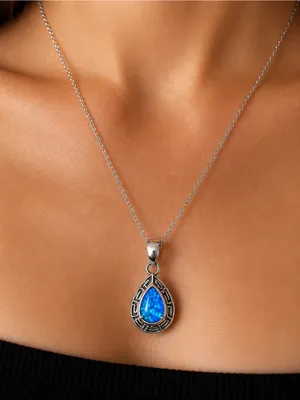 Sterling Silver Lab Created Opal Pendant Necklace 925🔥 thumbnail 4