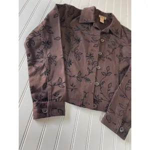 AT Vintage Denim Brown Floral Flocked Velvet Print Trucker Jacket Womens XS thumbnail 3