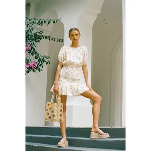 SABO LUXE Camari Linen Dress Smocked Patterned Ruffle Hem‎ White Beige Women's S thumbnail 3
