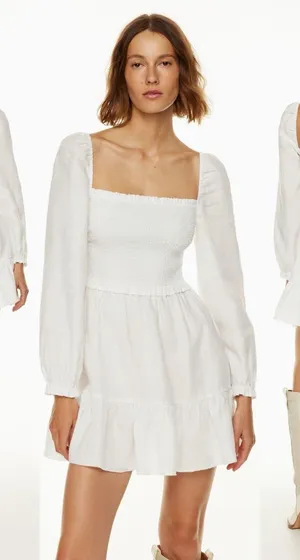 New Aritzia Wilfred New Tempest White Smocked Linen Mini Dress Square Neck Small thumbnail 1