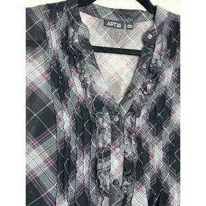 APT 9 Women's L Black Plaid‎ Ruffle Sheer Top w/ Black Tank Top Soft Goth Grunge thumbnail 7