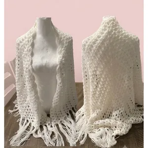 Vtg Boho White Crochet Triangle Shawl Fringe Bridal Wrap Handcrafted 60" x‎ 37" thumbnail 4