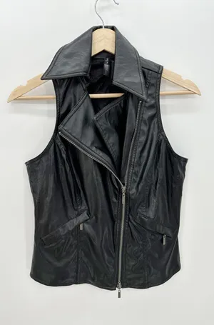 Bisou Bisou Faux Leather Vest Women‎ Small Full Zip Collar Sleeveless Biker thumbnail 1