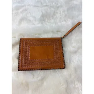 Vintage Tooled Leather Clutch Wallet MEXICO‎ Wrist Strap Brown Snap Closure thumbnail 5