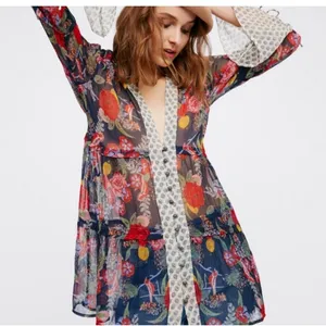 Free People Thunder Canyon Tunic Floral Button Front Sheer Navy Blue Boho Large thumbnail 1