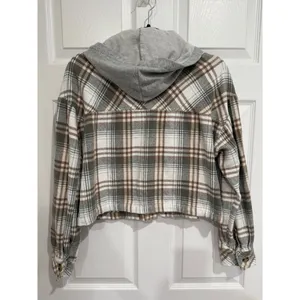 Aeropostale‎ Plaid Cropped Flannel Hooded Shacket Green Brown Large thumbnail 5