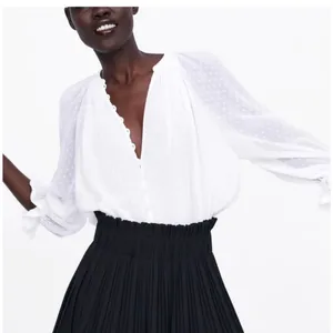 Zara Women Blouse Medium White Polyester Swiss Dot V-Neck Ruffle Cuff Romantic thumbnail 2