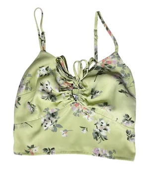 Abercrombie Women Cottage Floral Top XS Lime Green‎ Ruched Smocked Handkerchief thumbnail 1