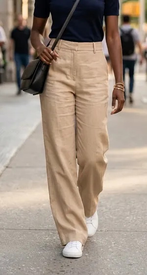 OGL Tan European Linen Blend Mid Rise Flared Pant with Pockets Sz M thumbnail 1