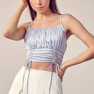 Idem Ditto Blue Silk Satin Sleeveless Smocked Ruched Cami Crop Top Size S thumbnail 3