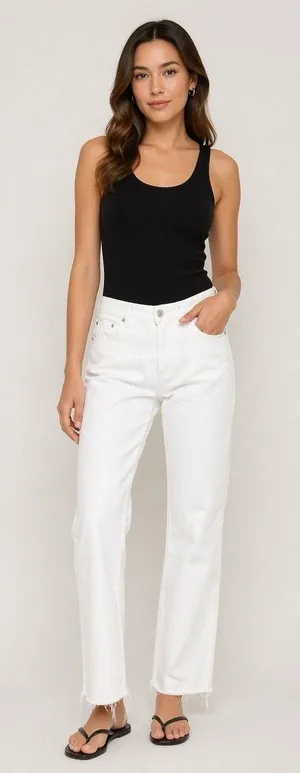 Denim White Cropped Jeans Frayed Hem Straight Leg Made in USA Size 10 thumbnail 1