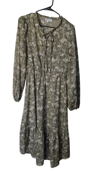 Sweet Salt Green Tiered Cottagecore Prairie Floral Long Sleeve Midi Dress Large thumbnail 1