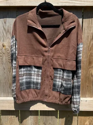 Brown Plaid Mixed Media Zip Up Jacket Flannel Sleeve Bomber Medium thumbnail 1