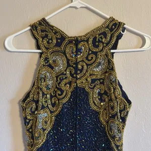 Vtg Laurence Kazar Halter Beaded embellished silk formal gown dress blue gold‎ L thumbnail 8