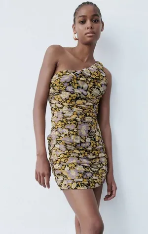 Zara NWT Floral Ruched One Shoulder Mini Dress Metallic Size XS NEW thumbnail 1