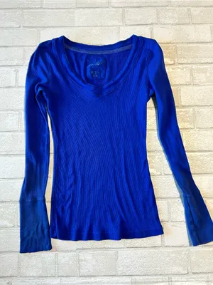 Aerie Henley Y2K 90s Women’s Long Sleeve V-Neck Top - Electric Blue thumbnail 1