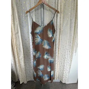 Papermoon Hawaiian Tropical Palm Leaves Mocha Midi Side Slits Slip Dress L thumbnail 2
