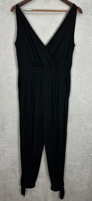 Loft Beach Jumpsuit Womens‎ M Black Surplice V-Neck Tie Ankle Tapered Leg Casual thumbnail 1