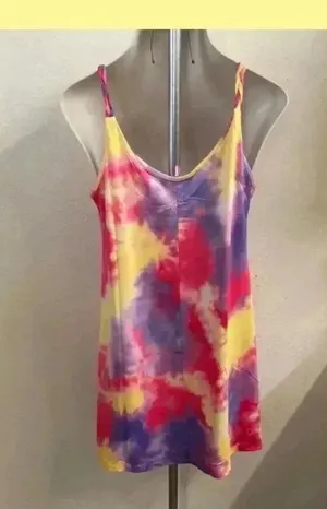 🆕Yellow Colorful Tie Dye Trendy U Neck Swing Mini Dress L🆕 thumbnail 3