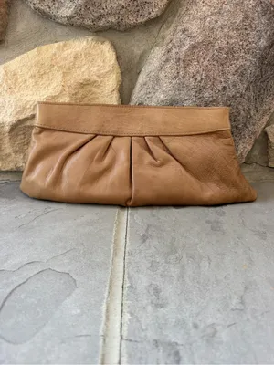 Lauren Merkin Pleated Leather Clutch Purse Tan Brown Very Soft Neutral thumbnail 2