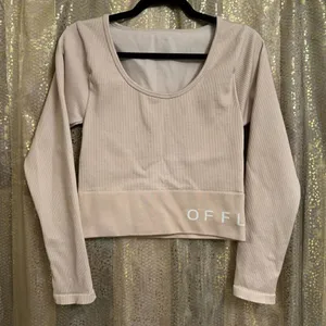 Aerie OFFLINE Ivory Pink Sidewalk Seamless Ribbed Cropped Long Sleeve‎ Top XL thumbnail 1